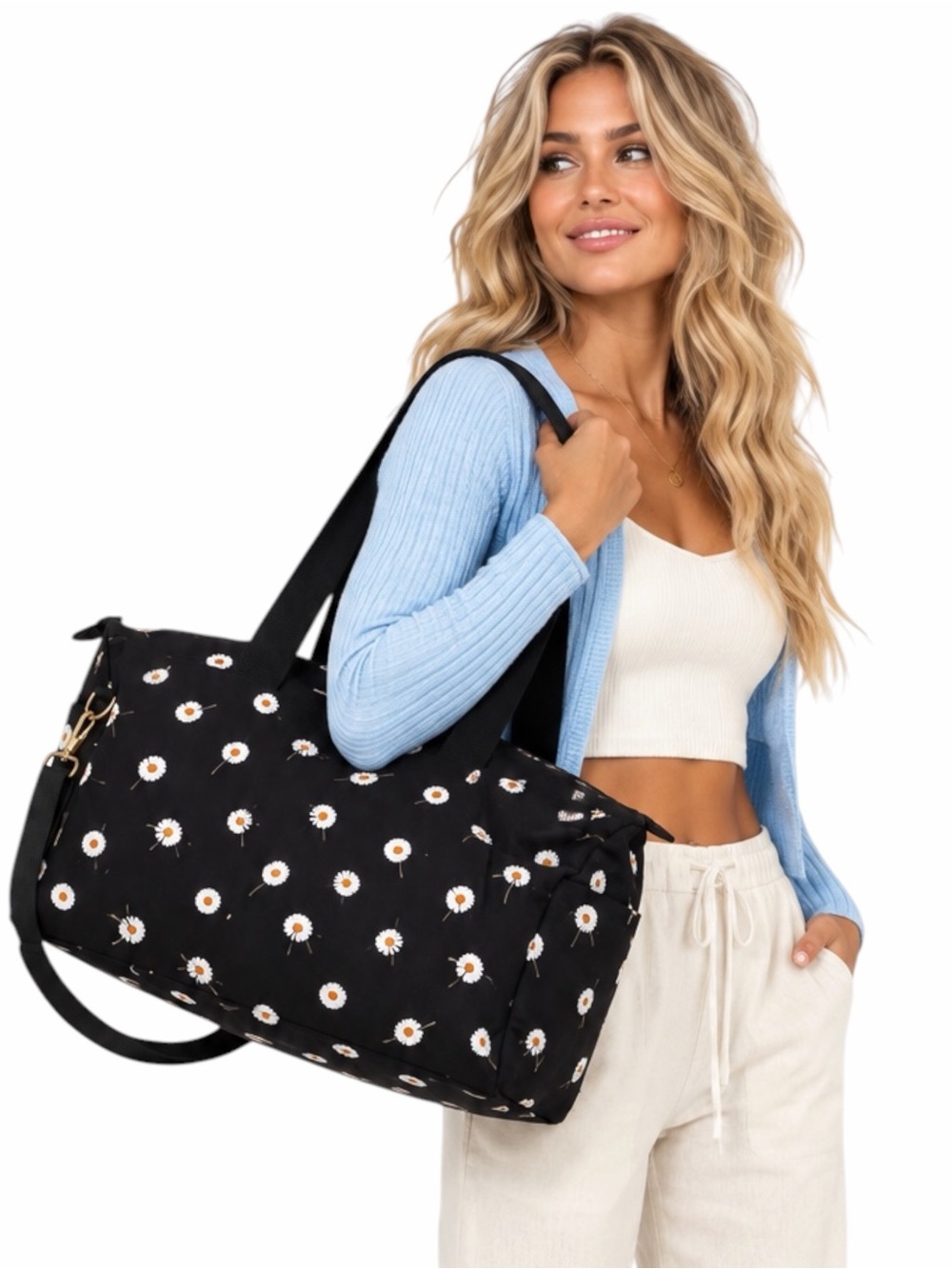 Alice + Olivia – Daisy Print Duffel Bag – Floral Weekender Travel Bag Black – OS